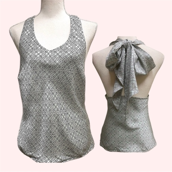 Winter & Miggs Tops - Winter & Miggs Silk Halter Blouse with Bow Back – Geometric Print, Open Back